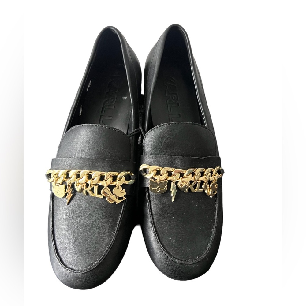 KARLA LAGERFELD black slip on flats with gold charms size 7.5 new.